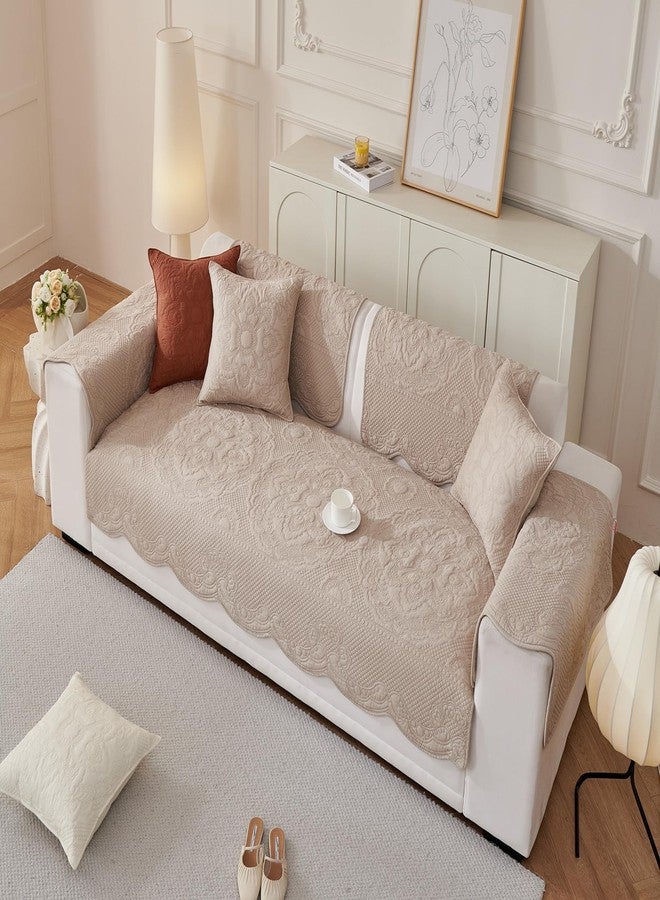 Huierxun Luxury Vintage Cotton Embroidery Sofa Cover Soft Farmhouse Seat Cushion Cover Floral Quilted Sectional Couch Cover Anti-Slip Sofa Slipcovers Furniture Protector for Dogs Cats (Khaki,28"x28") - Image 4